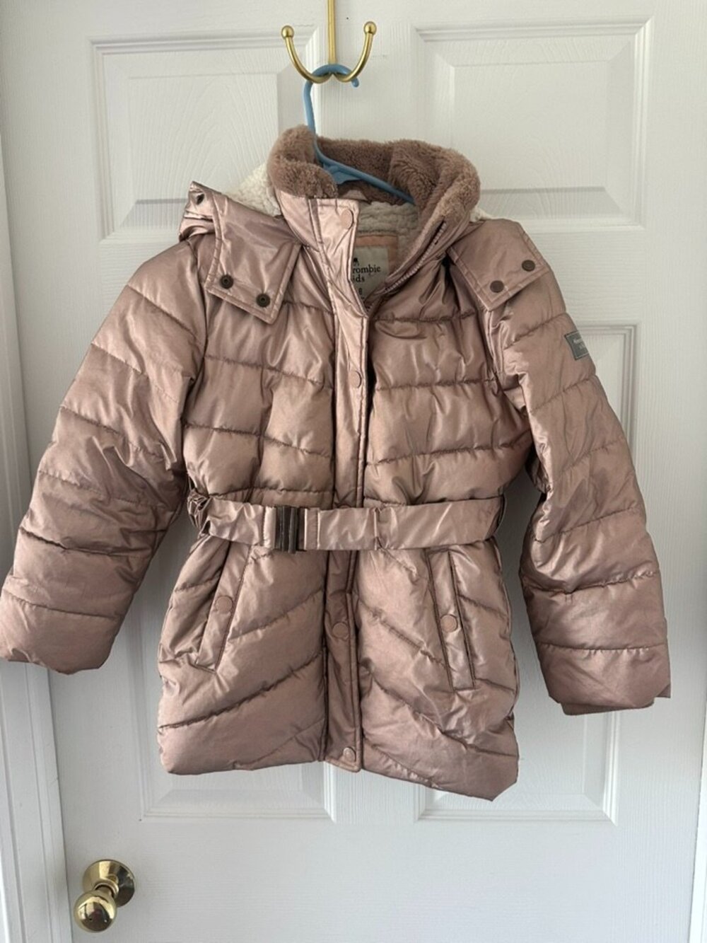 Abercrombie Kids Metallic Rose Gold Belted Puffer Jacket Sherpa Lined Girls 7/8